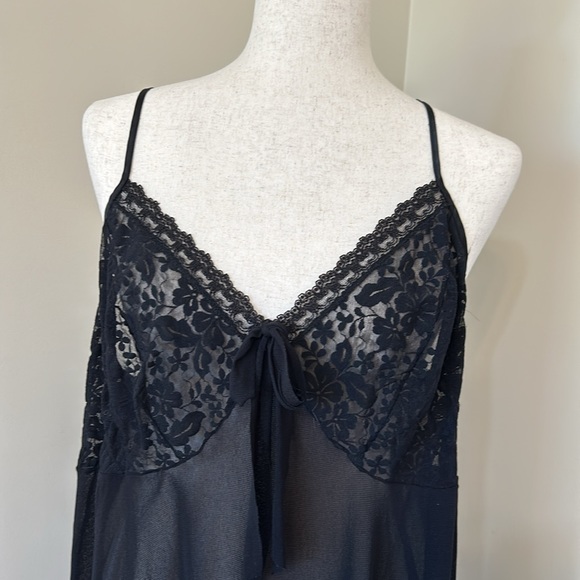 Cacique Black Sheer Lace Lingerie Nighty Woman 18/20 Bow Front Lettuce Hem Slip - Picture 7 of 12